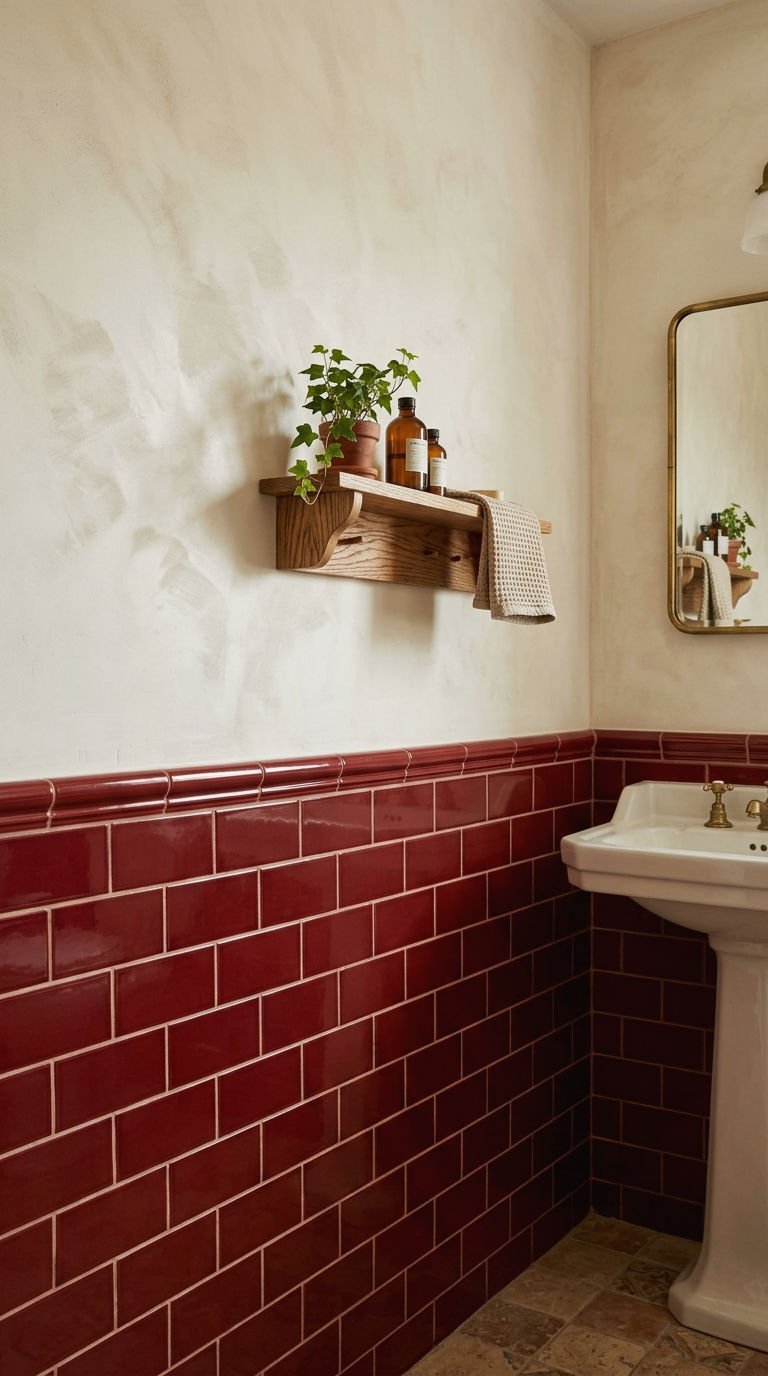 23 Red Bathroom Tile Ideas for a Bold Mediterranean Inspired Space 18 18. Half Wall Red Tile Wainscoting