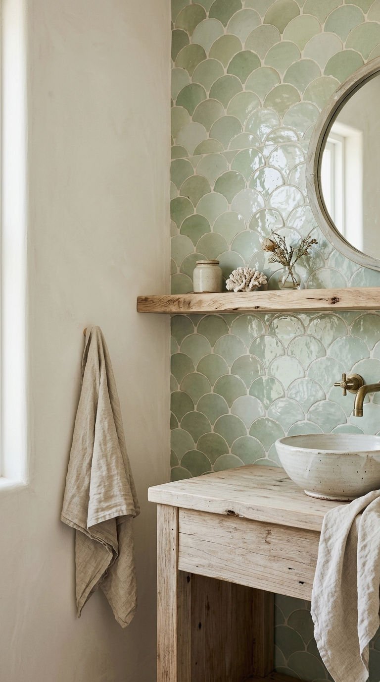 21 Fish Scale Bathroom Tile Ideas for a Coastal Inspired Look 17 17. Handmade Zellige Fish Scale Tile