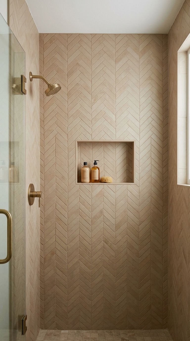 23 Beige Bathroom Tile Ideas for a Warm Neutral Retreat 15 15. Herringbone Beige Tile Patterns
