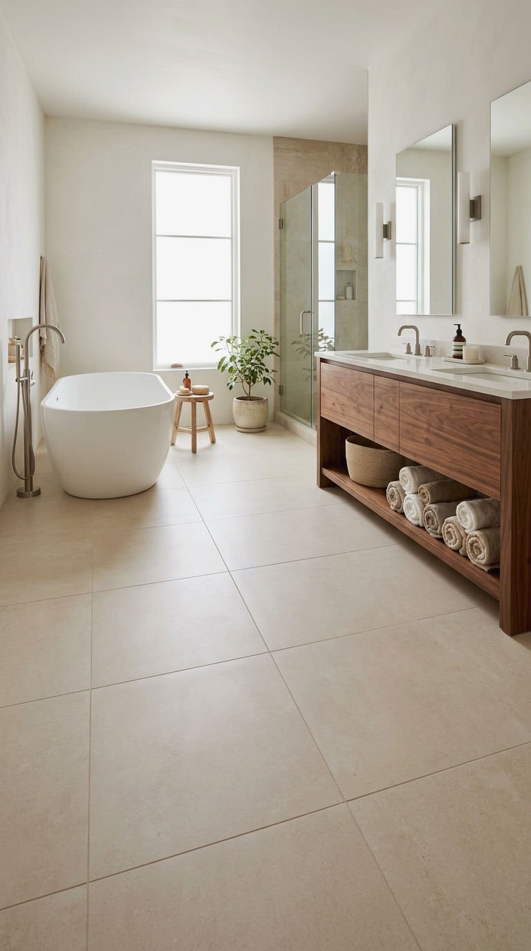 23 Beige Bathroom Tile Ideas for a Warm Neutral Retreat 2 2. Large Format Beige Porcelain Floors