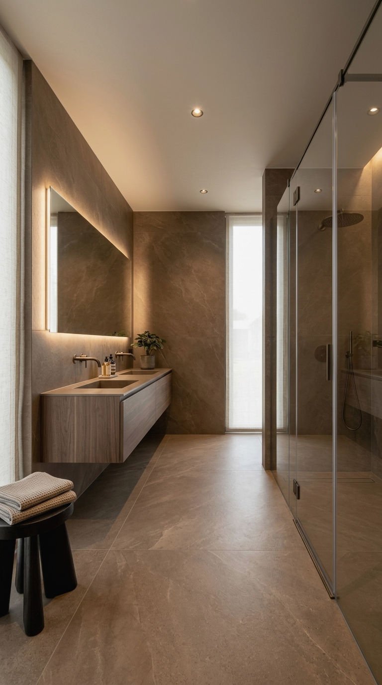 22 Brown Bathroom Tile Ideas for a Cozy Earthy Bathroom 10 10. Large Format Brown Porcelain Tile