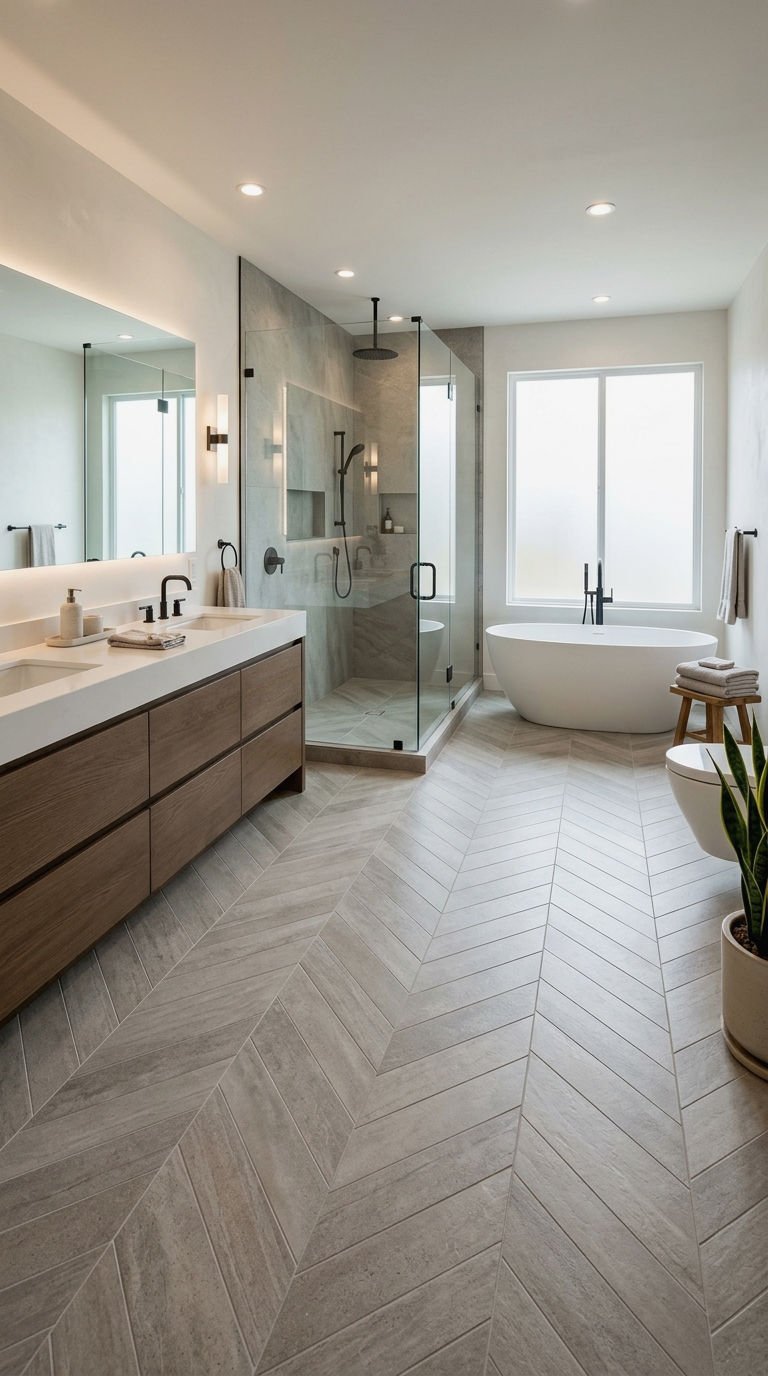 22 Chevron Bathroom Tile Ideas for a Sleek Directional Pattern 4 4. Large Format Chevron Porcelain Tile