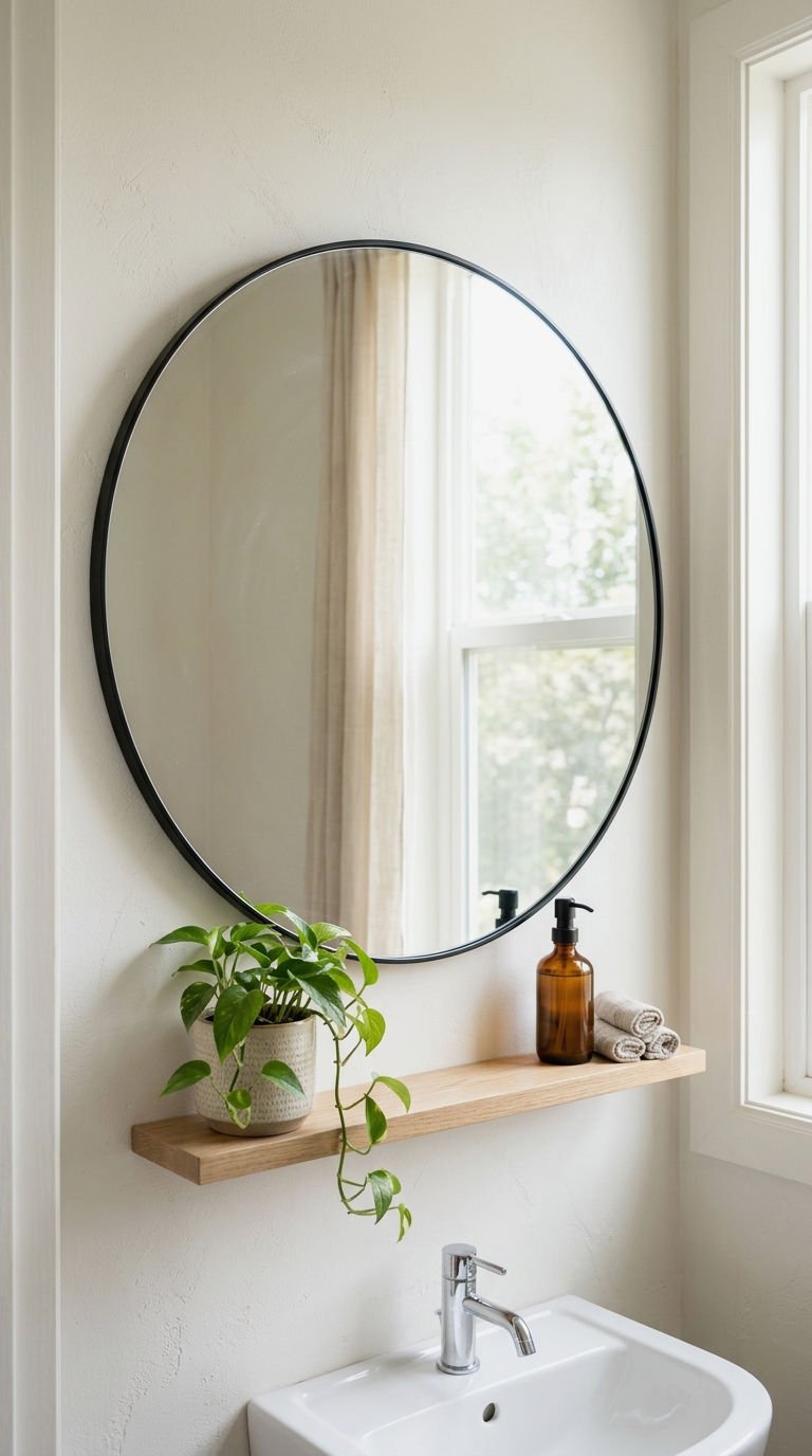 23 Round Mirror With Shelf Ideas for Small Bathrooms 5 5. Large Round Mirror With Shelf