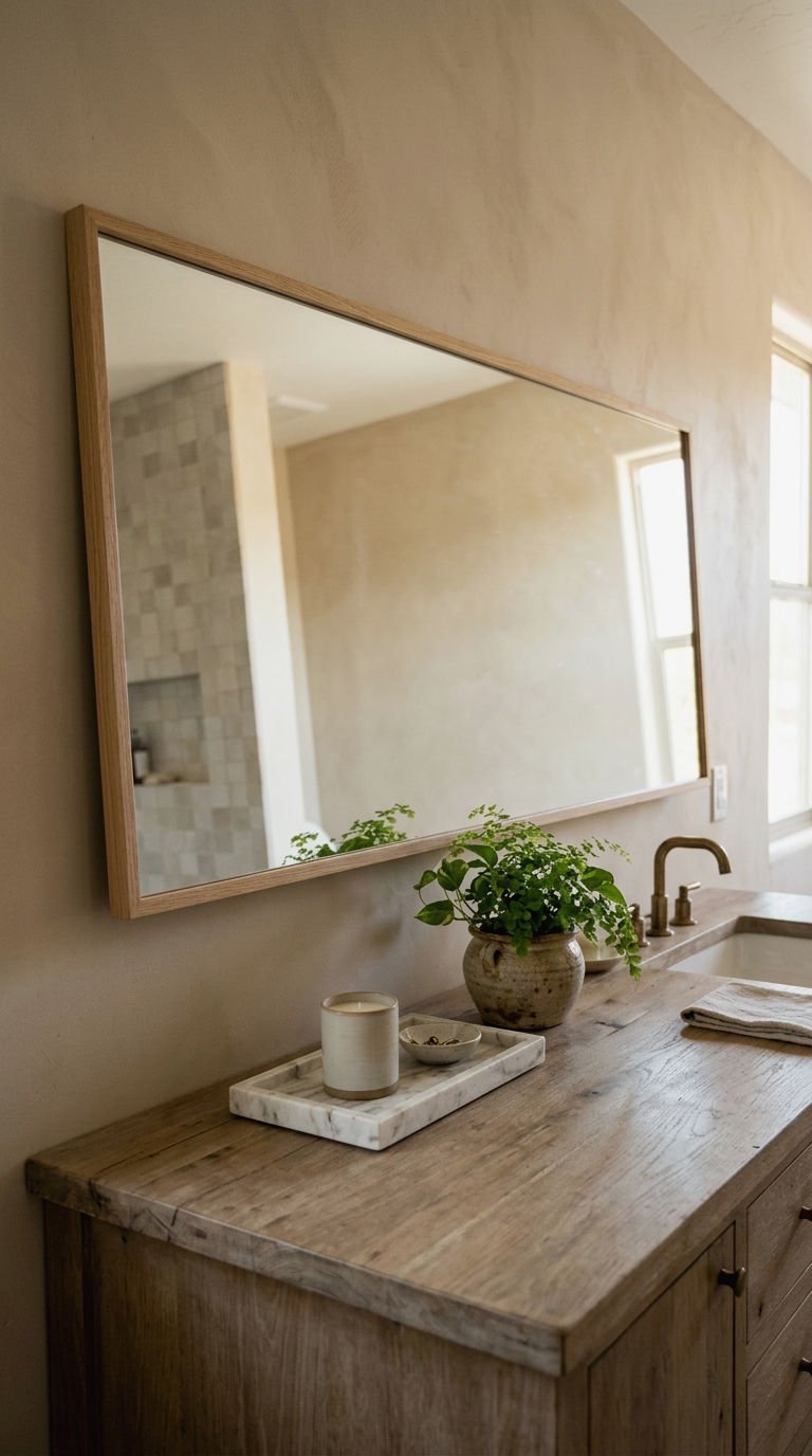 20 Oversized Bathroom Mirror Ideas to Make a Small Bathroom Look Bigger 14 14. Leaning Mirror on Vanity Wall