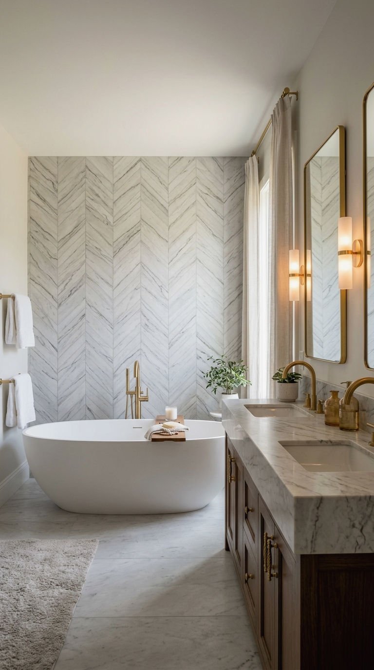 22 Chevron Bathroom Tile Ideas for a Sleek Directional Pattern 9 9. Marble Chevron Luxury Bathroom