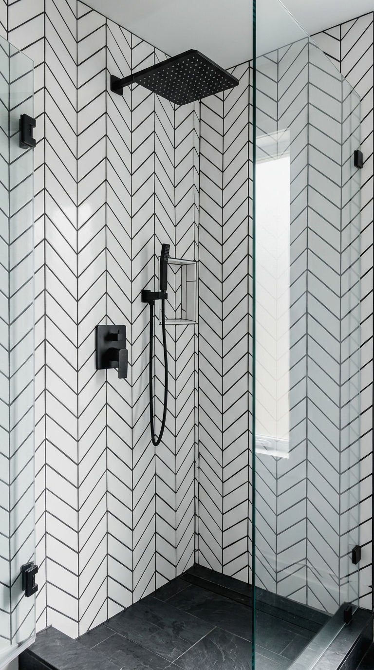 22 Chevron Bathroom Tile Ideas for a Sleek Directional Pattern 12 12. Matte Black Grout Chevron Contrast