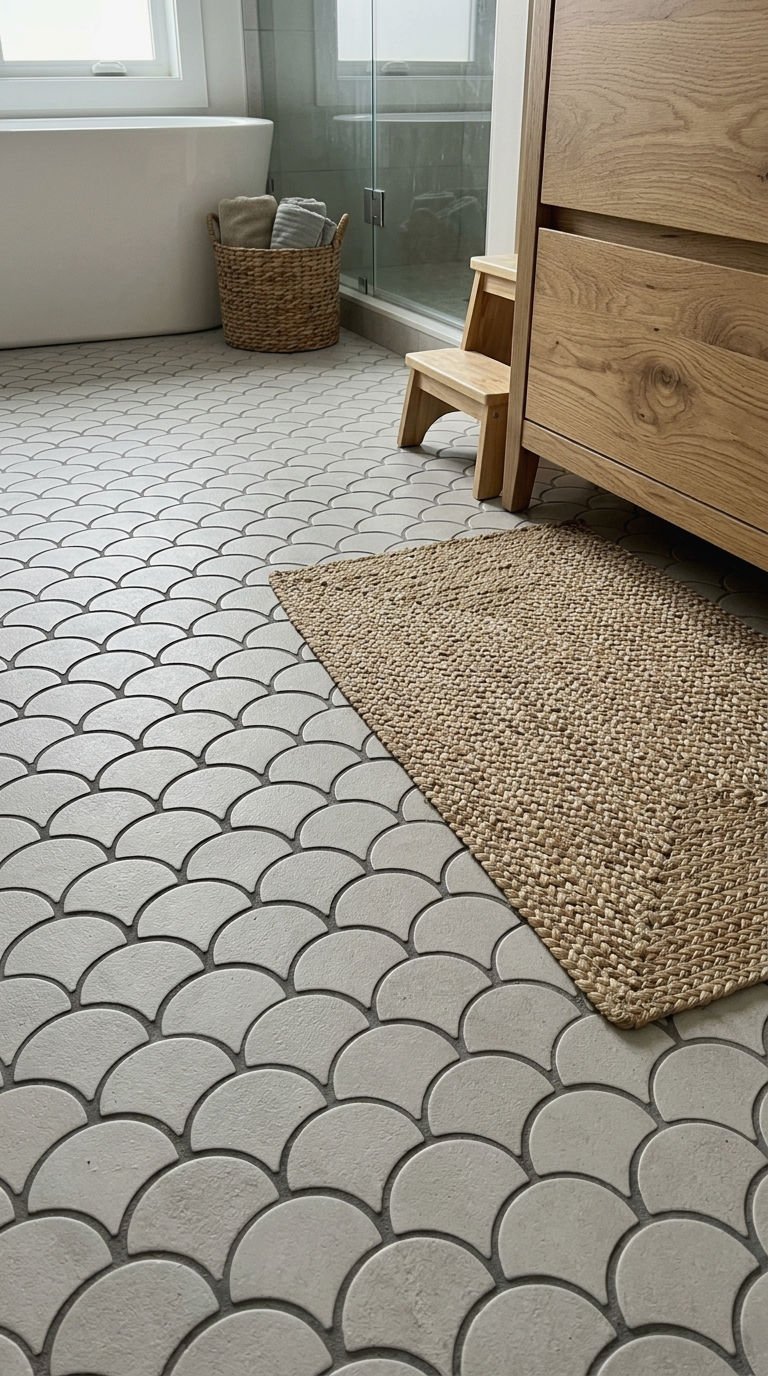 21 Fish Scale Bathroom Tile Ideas for a Coastal Inspired Look 7 7. Matte Finish Fish Scale Floor