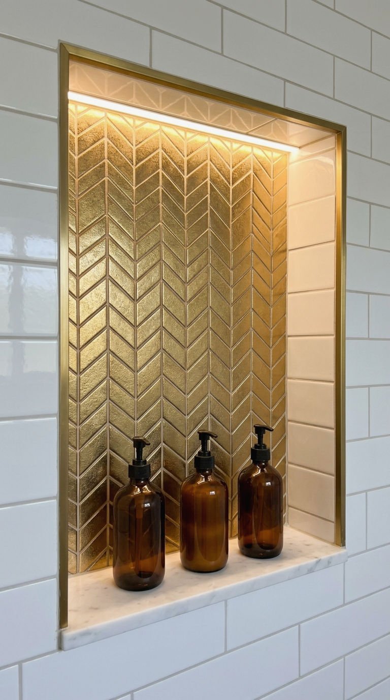 22 Chevron Bathroom Tile Ideas for a Sleek Directional Pattern 17 17. Metallic Gold Accent Chevron Niche