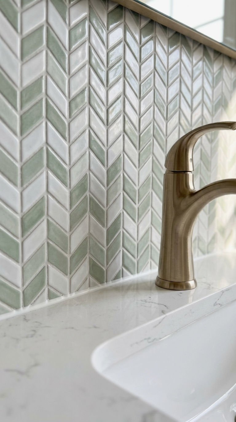 22 Chevron Bathroom Tile Ideas for a Sleek Directional Pattern 5 5. Mini Mosaic Chevron Vanity Backsplash