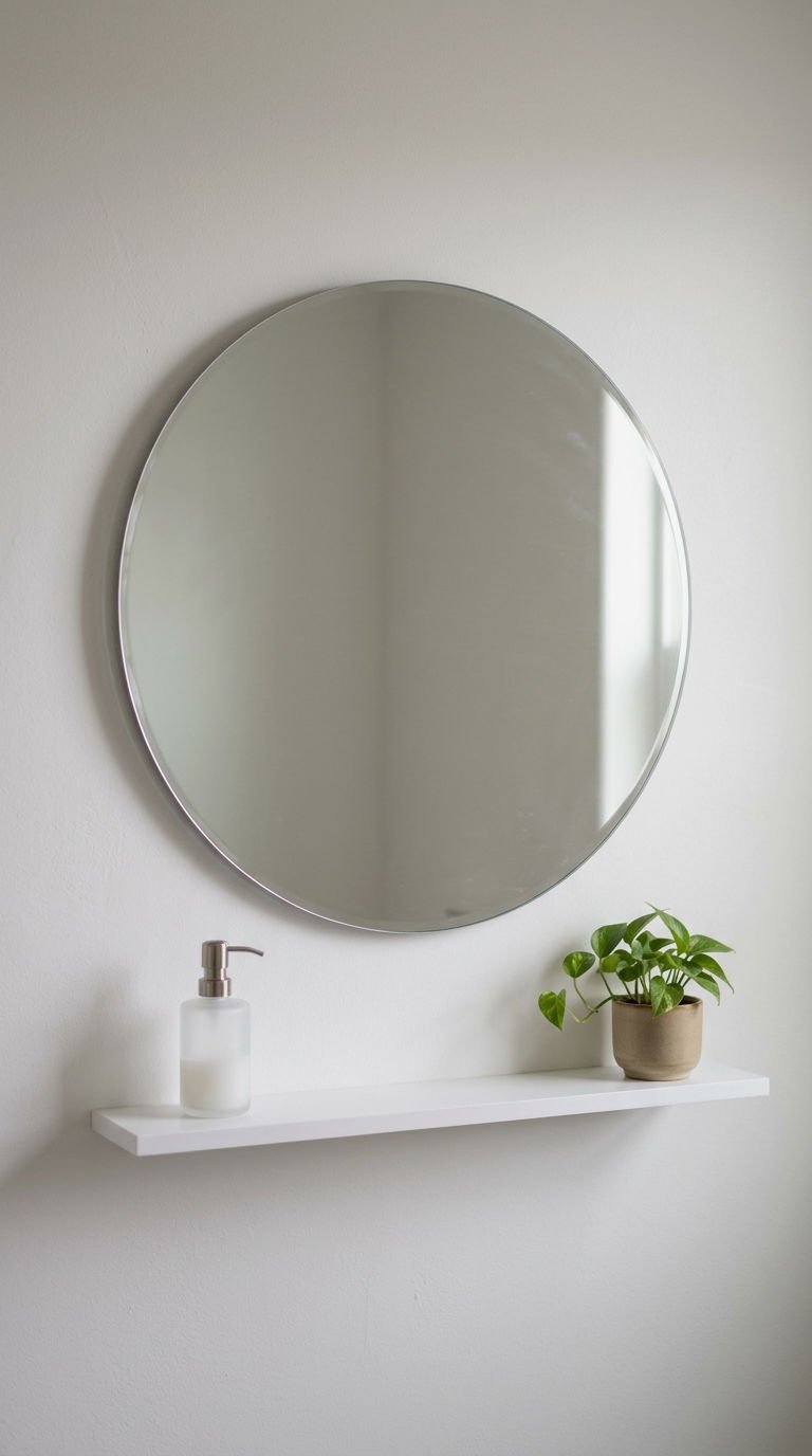 23 Round Mirror With Shelf Ideas for Small Bathrooms 18 18. Minimalist Round Mirror With Shelf