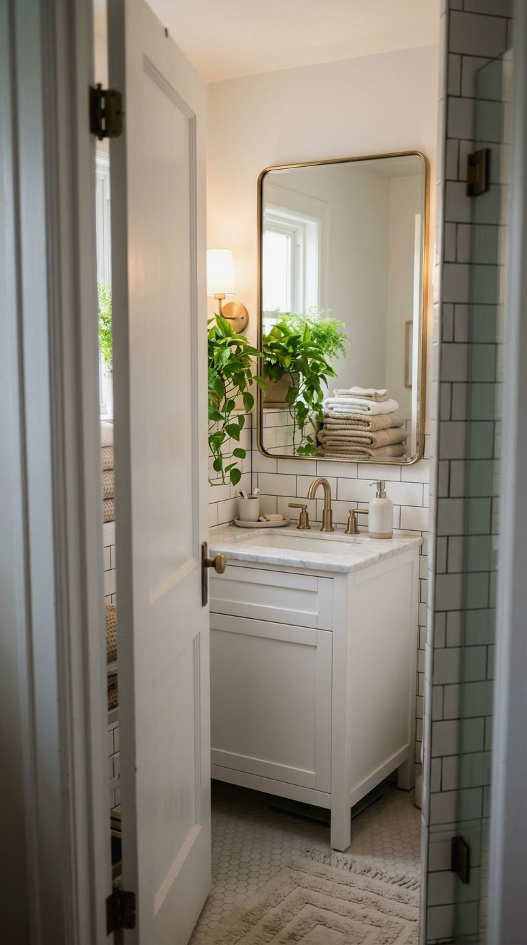 20 Oversized Bathroom Mirror Ideas to Make a Small Bathroom Look Bigger 15 15. Mirror Opposite the Doorway