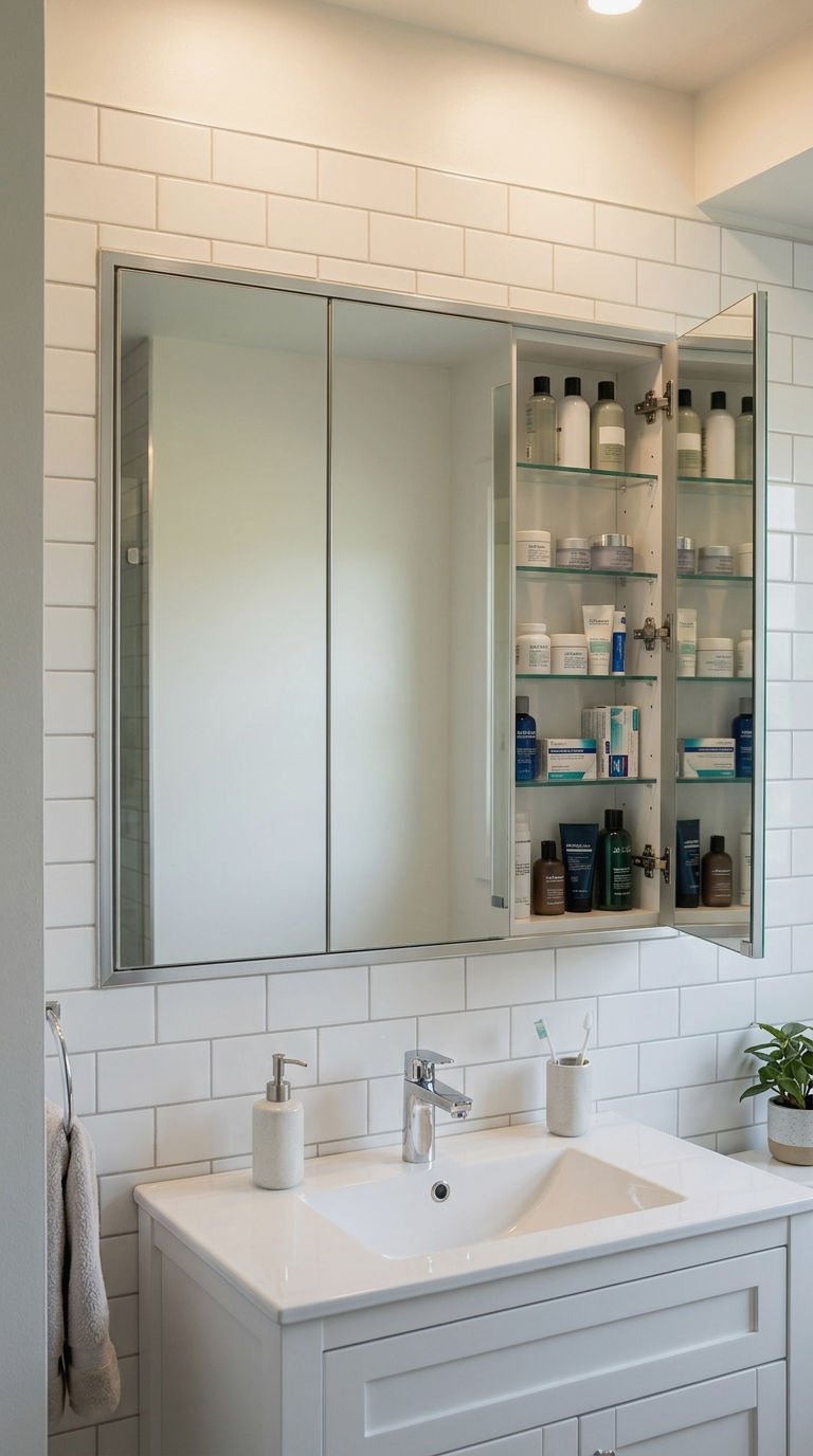 20 Oversized Bathroom Mirror Ideas to Make a Small Bathroom Look Bigger 13 13. Mirrored Medicine Cabinet Wall