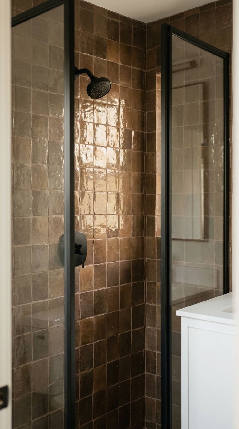 22 Brown Bathroom Tile Ideas for a Cozy Earthy Bathroom 8 8. Mocha Zellige Tile Accent Wall