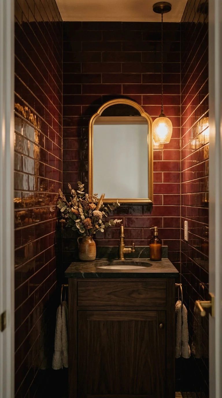 9. Moody Burgundy Tile Powder Room