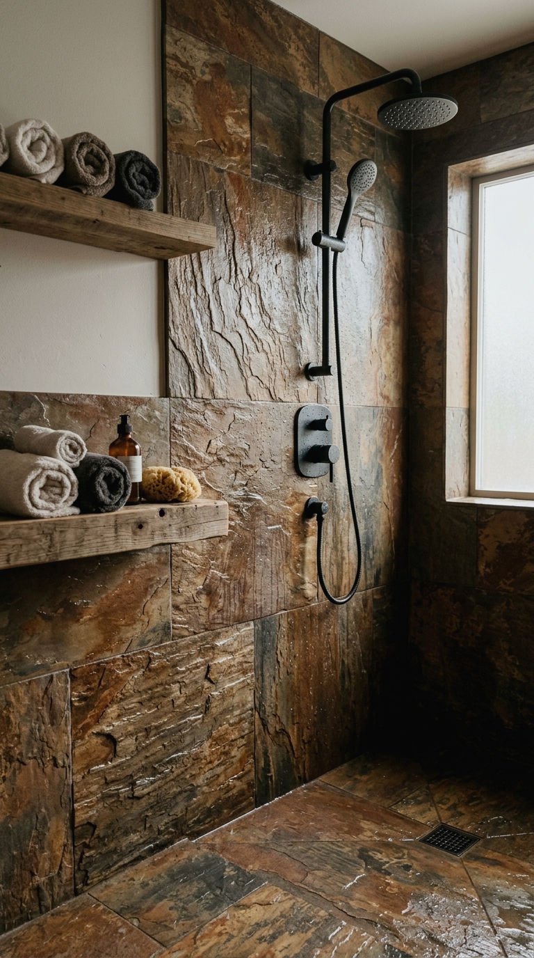22 Brown Bathroom Tile Ideas for a Cozy Earthy Bathroom 13 13. Natural Brown Slate Tile Texture