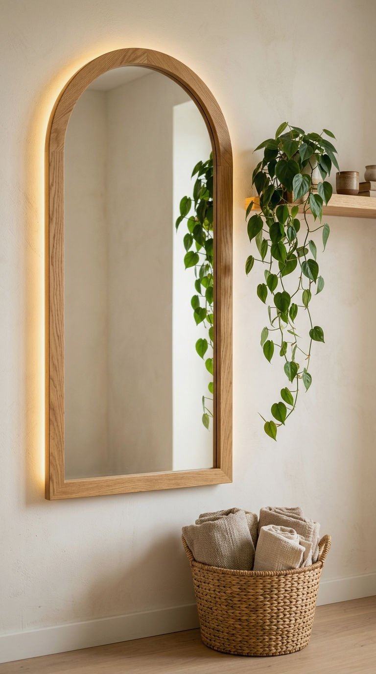 14. Natural Wood Arched Mirror LED Glow