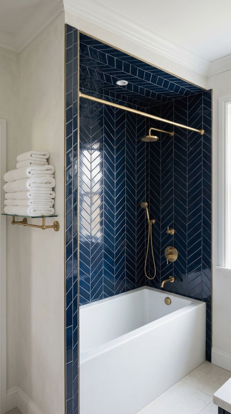 22 Chevron Bathroom Tile Ideas for a Sleek Directional Pattern 7 7. Navy Blue Chevron Tub Surround