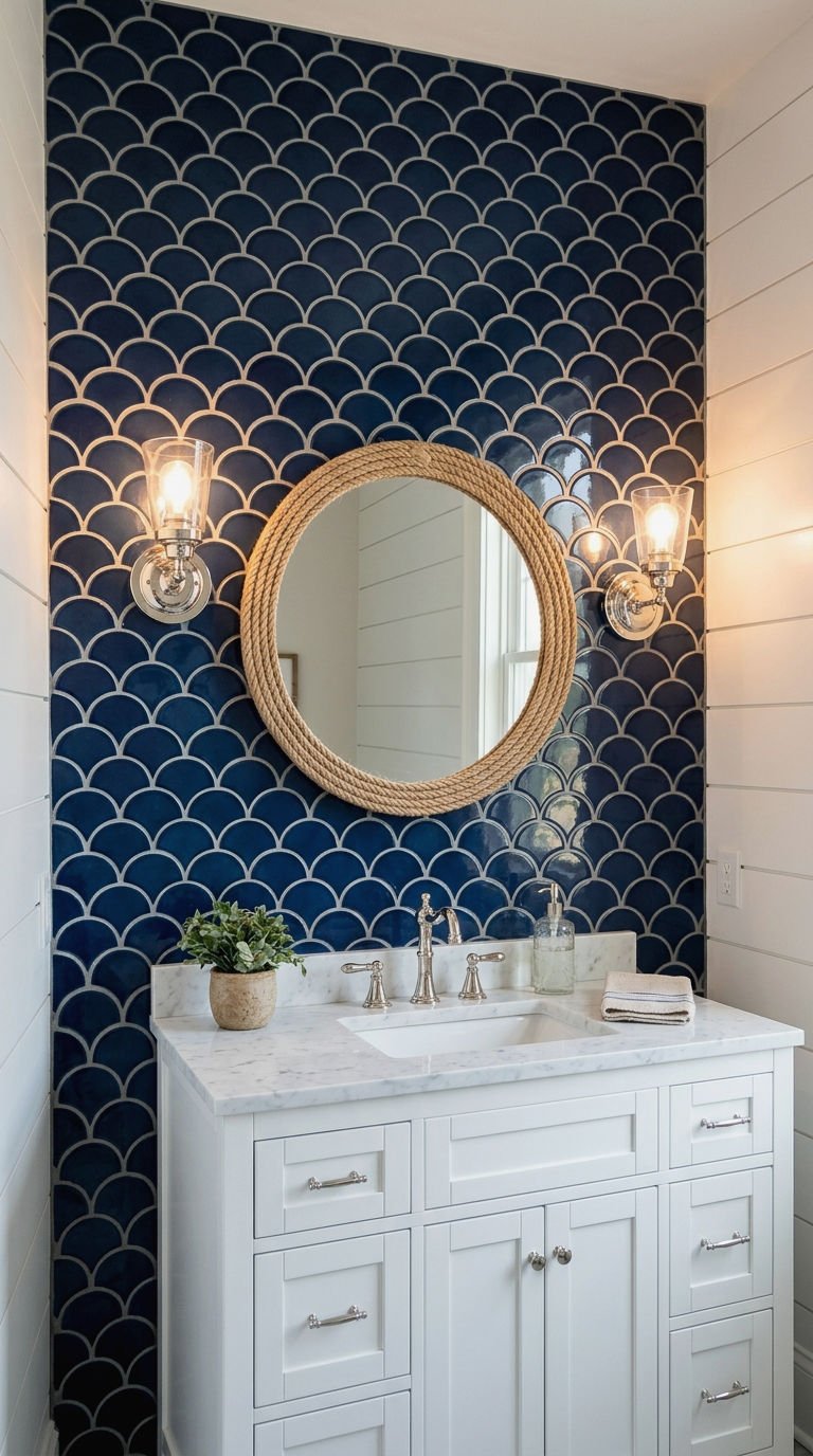 21 Fish Scale Bathroom Tile Ideas for a Coastal Inspired Look 3 3. Navy Blue Fish Scale Accent Wall