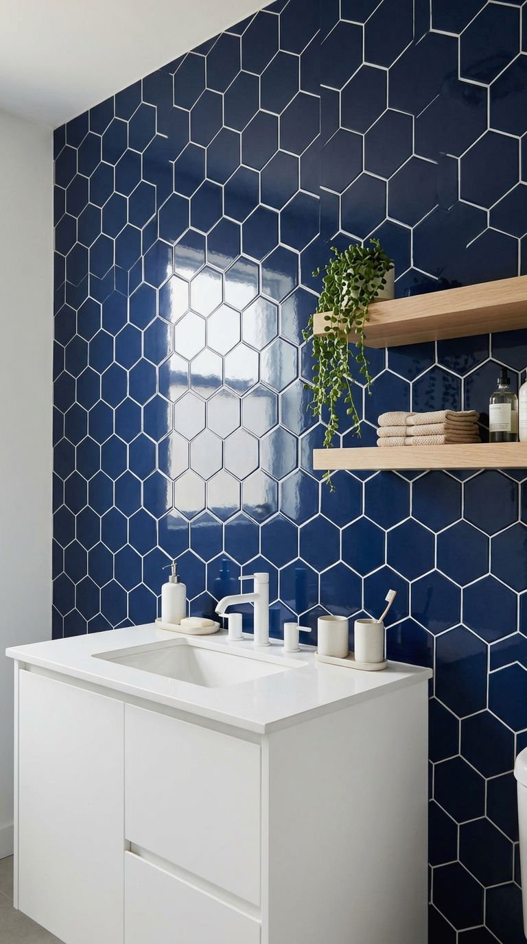 14. Navy Blue Hexagon Statement Wall