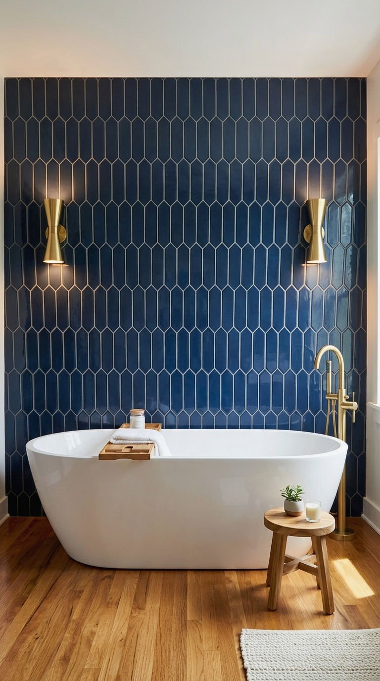 12. Navy Picket Tile Behind a Freestanding Tub