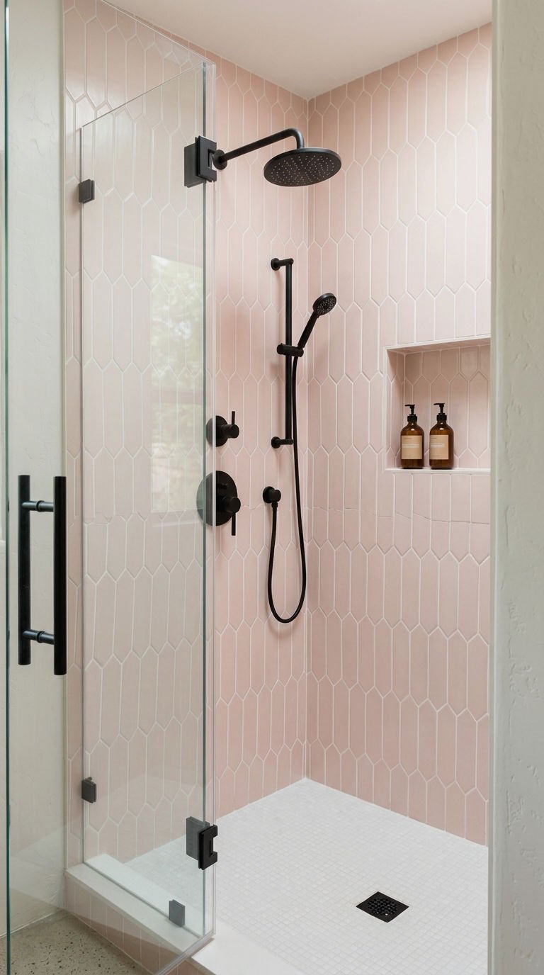 20. Pastel Blush Picket Tile Shower Surround