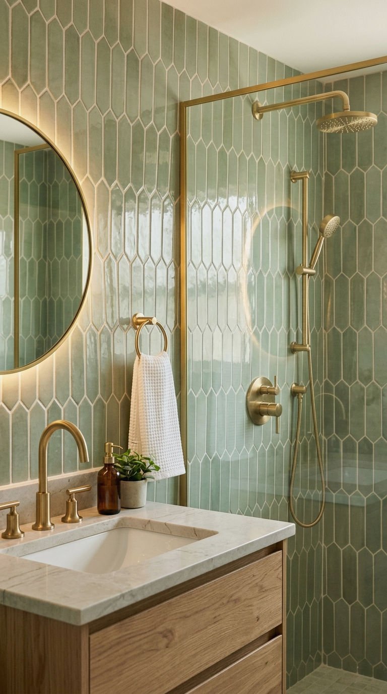 13. Picket Tile and Brass Fixture Pairing