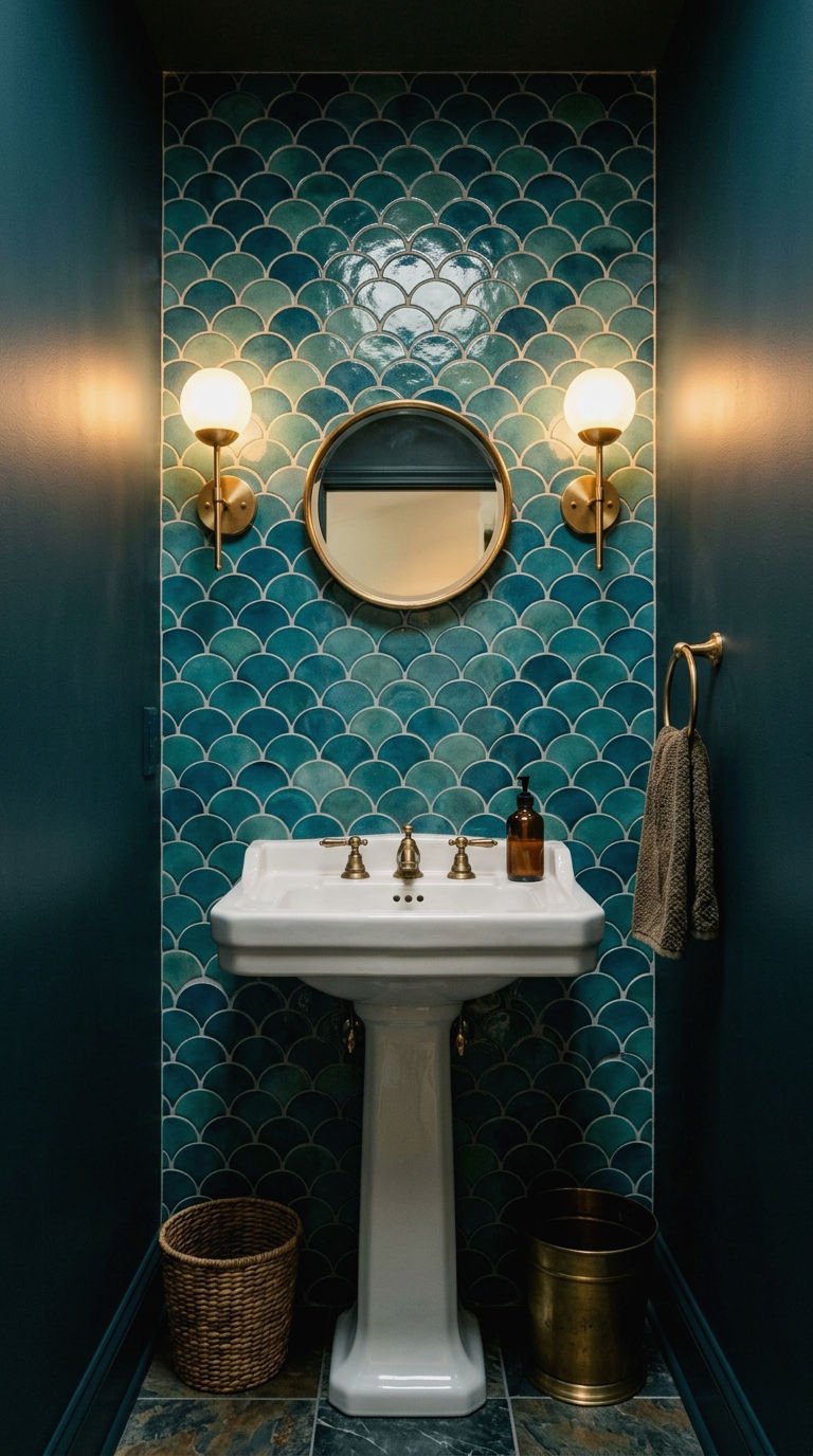 21 Fish Scale Bathroom Tile Ideas for a Coastal Inspired Look 18 19. Powder Room Fish Scale Feature Wall