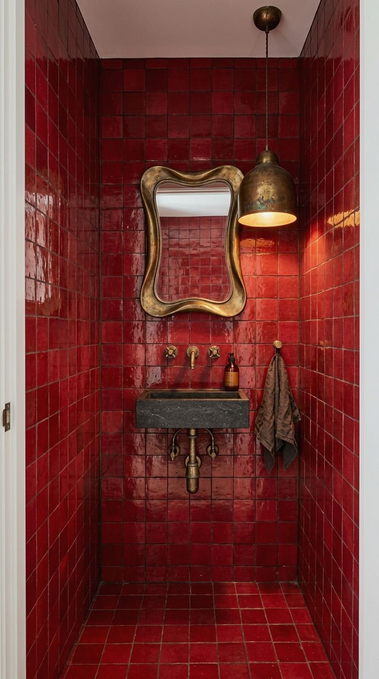 23 Red Bathroom Tile Ideas for a Bold Mediterranean Inspired Space 20 20. Powder Room With Bold Red Tile