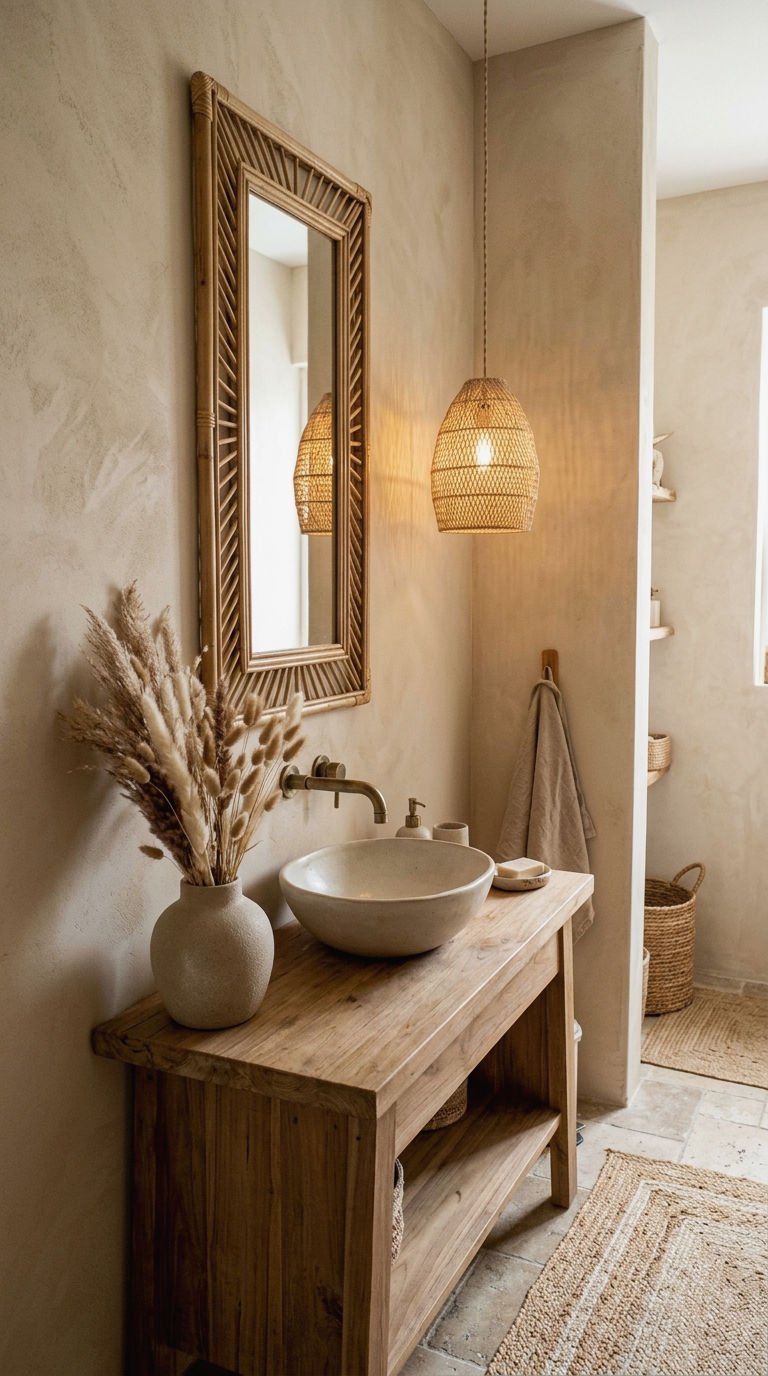 21 Tall Narrow Rectangle Mirror Ideas for a Small Half Bath 12 12. Rattan Framed Narrow Mirror for Boho