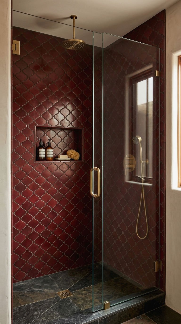 23 Red Bathroom Tile Ideas for a Bold Mediterranean Inspired Space 8 8. Red Arabesque Tile Shower Surround