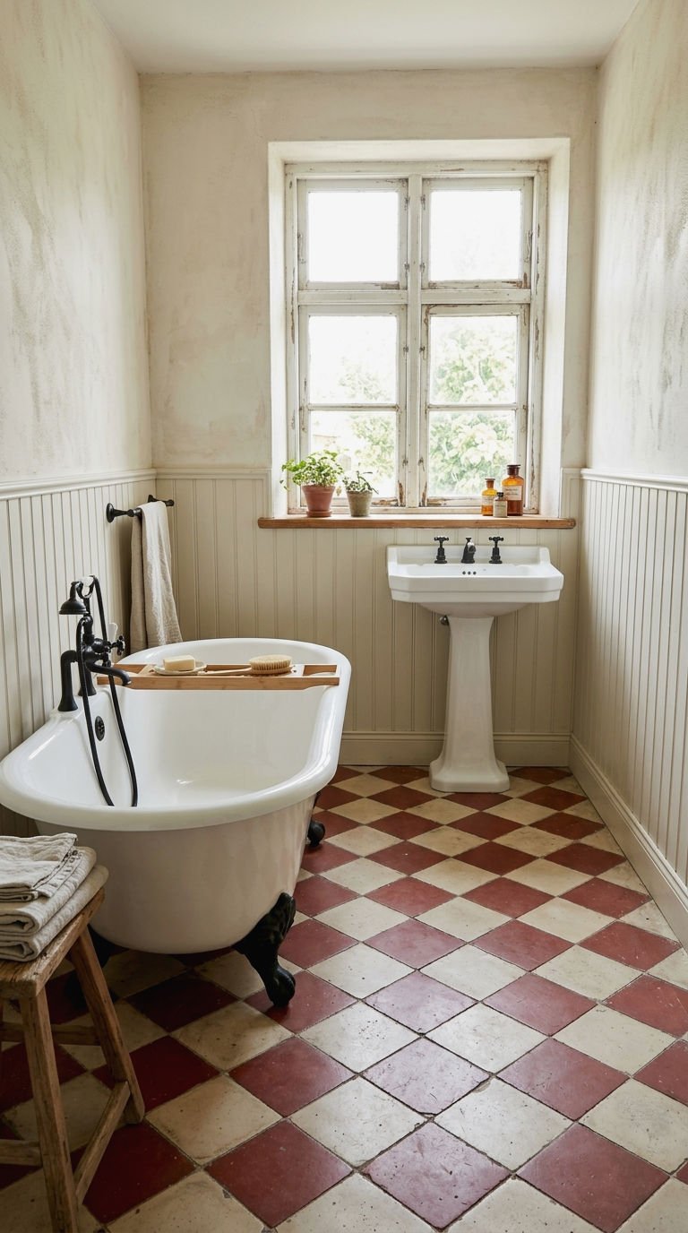 23 Red Bathroom Tile Ideas for a Bold Mediterranean Inspired Space 17 17. Red Checkerboard Tile Bathroom Floor