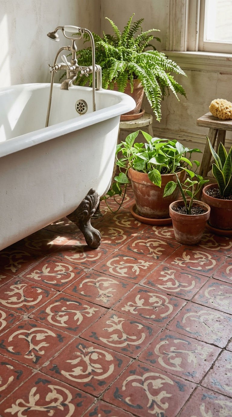 23 Red Bathroom Tile Ideas for a Bold Mediterranean Inspired Space 6 6. Red Encaustic Cement Tile Floor