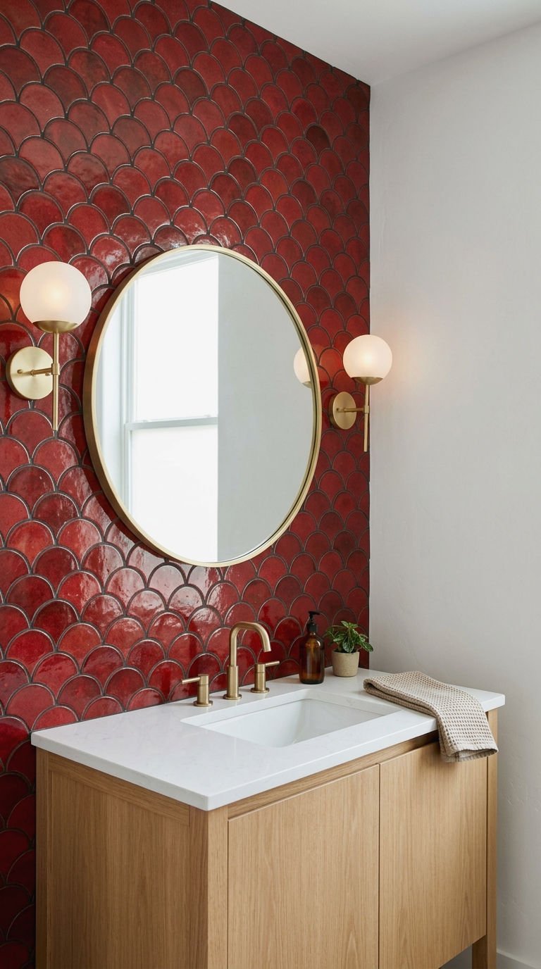 23 Red Bathroom Tile Ideas for a Bold Mediterranean Inspired Space 10 10. Red Fish Scale Tile Feature Wall