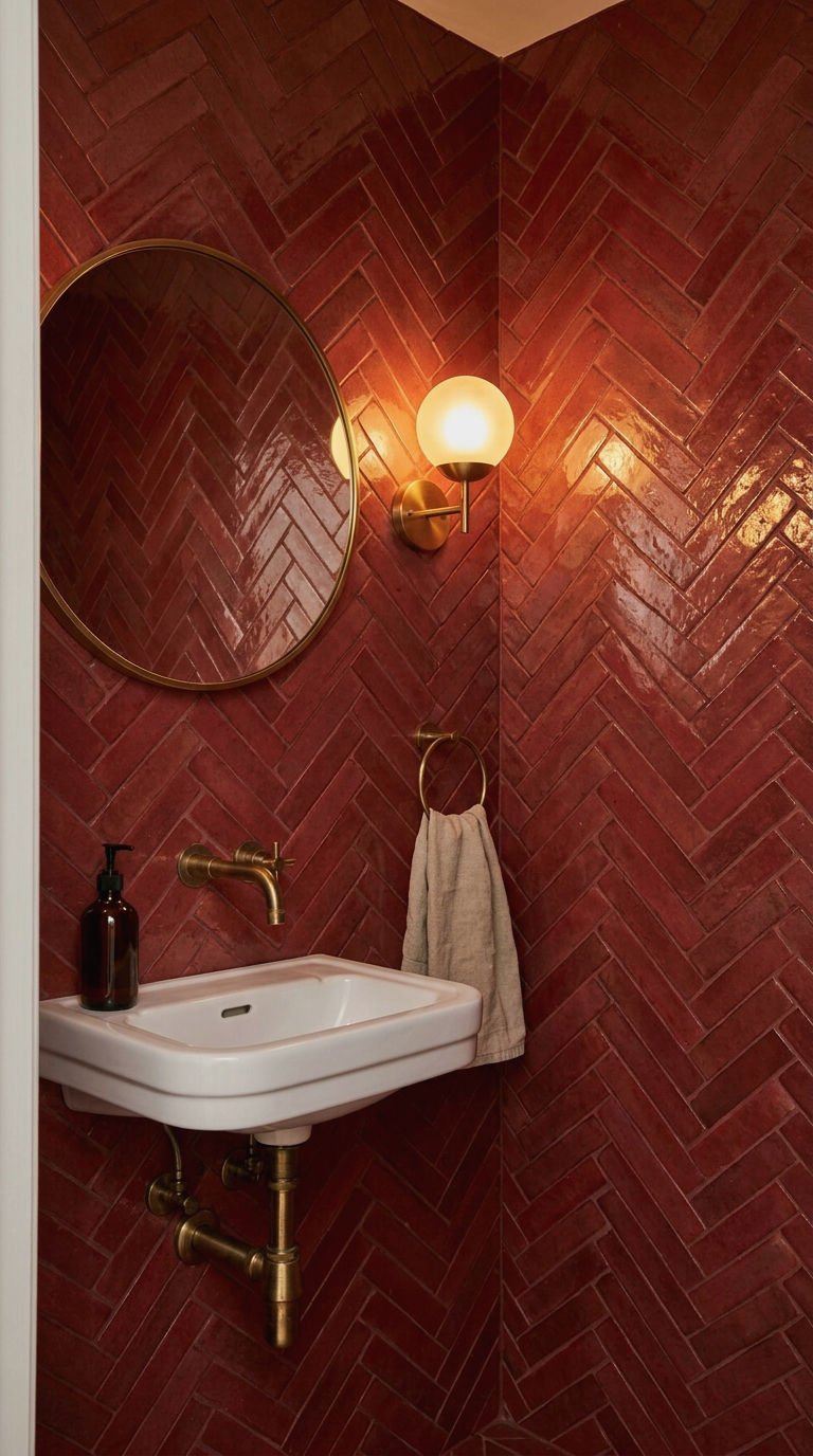23 Red Bathroom Tile Ideas for a Bold Mediterranean Inspired Space 15 15. Red Herringbone Tile Bathroom Walls