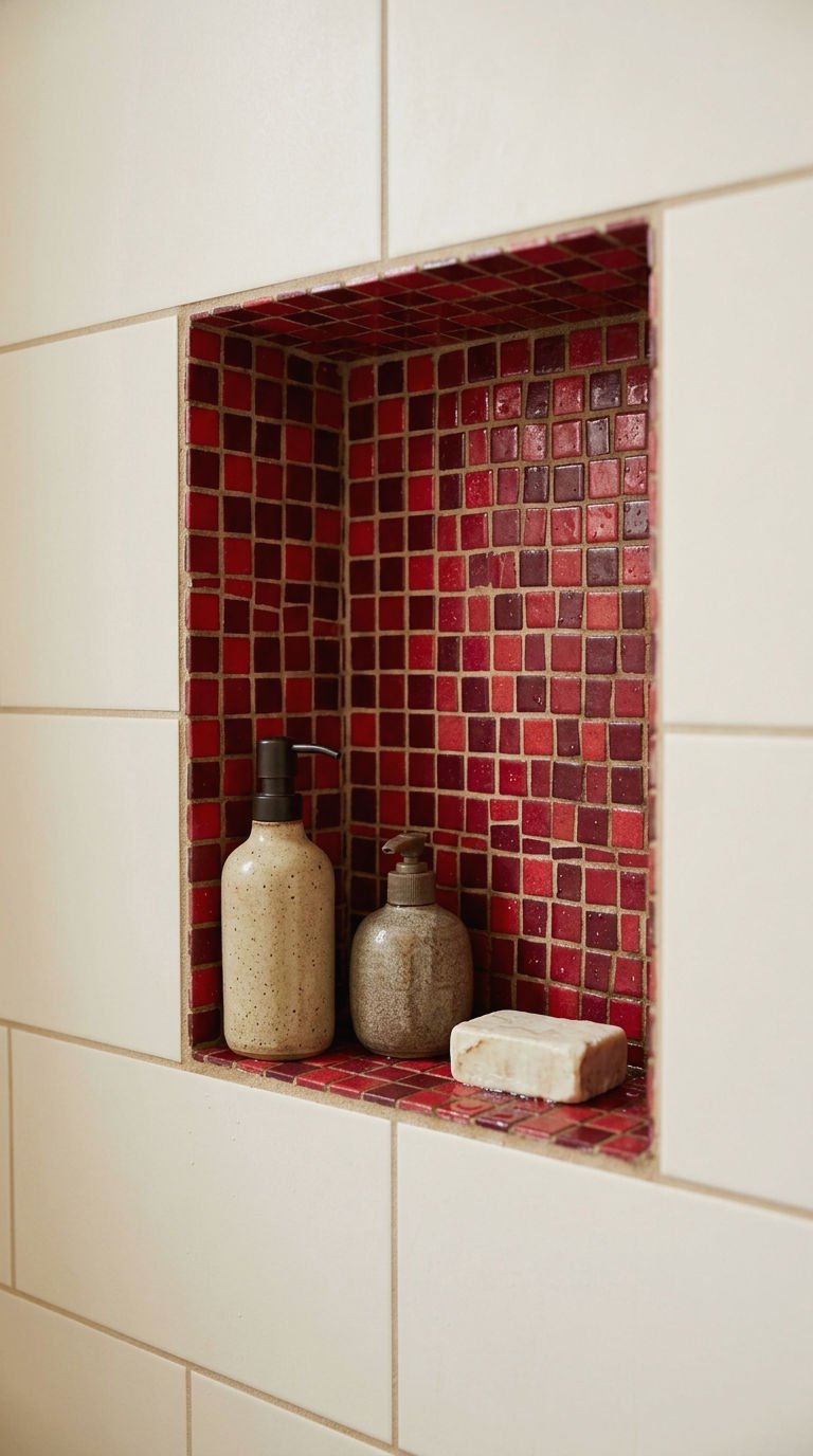 23 Red Bathroom Tile Ideas for a Bold Mediterranean Inspired Space 12 12. Red Mosaic Tile Shower Niche