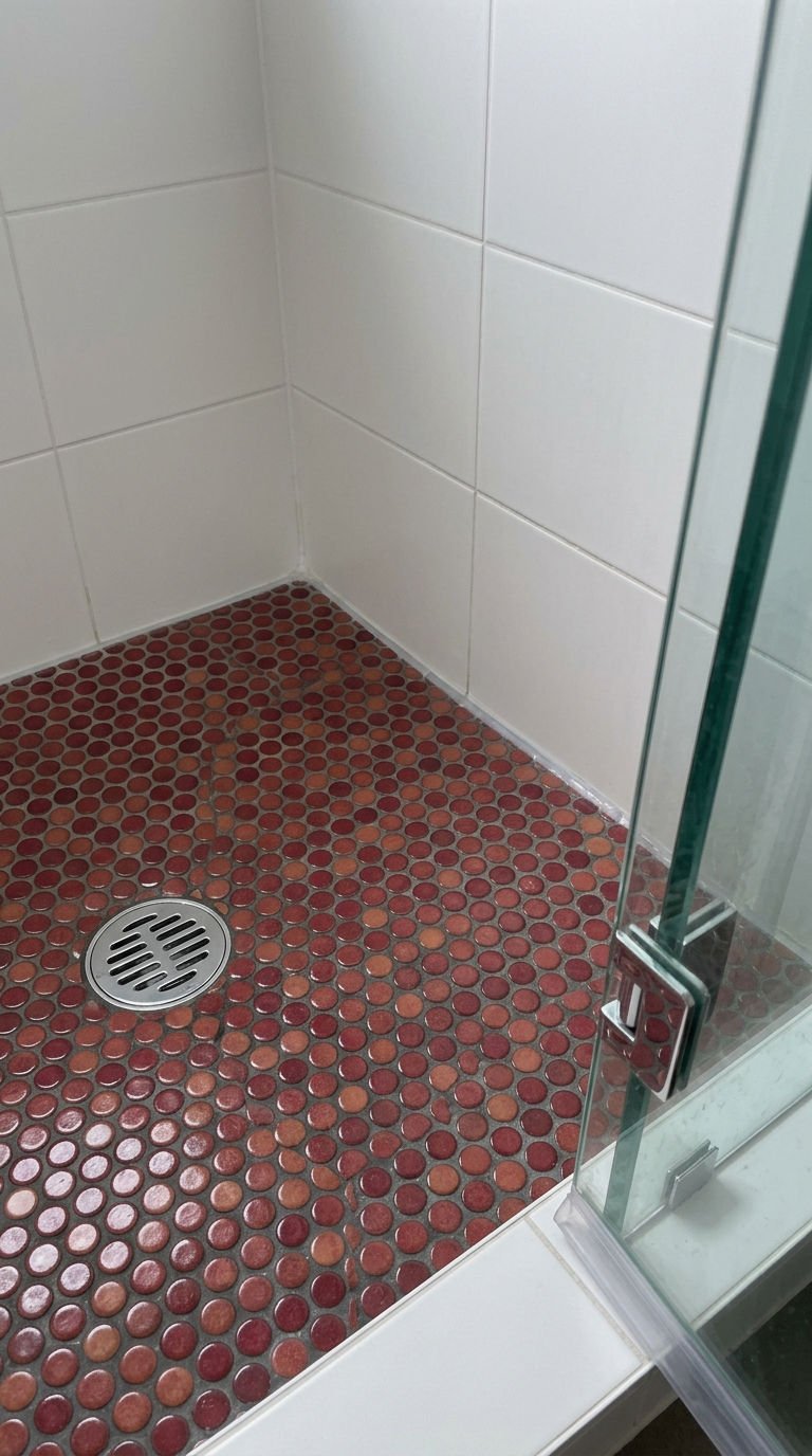 23 Red Bathroom Tile Ideas for a Bold Mediterranean Inspired Space 21 21. Red Penny Round Tile Shower Floor