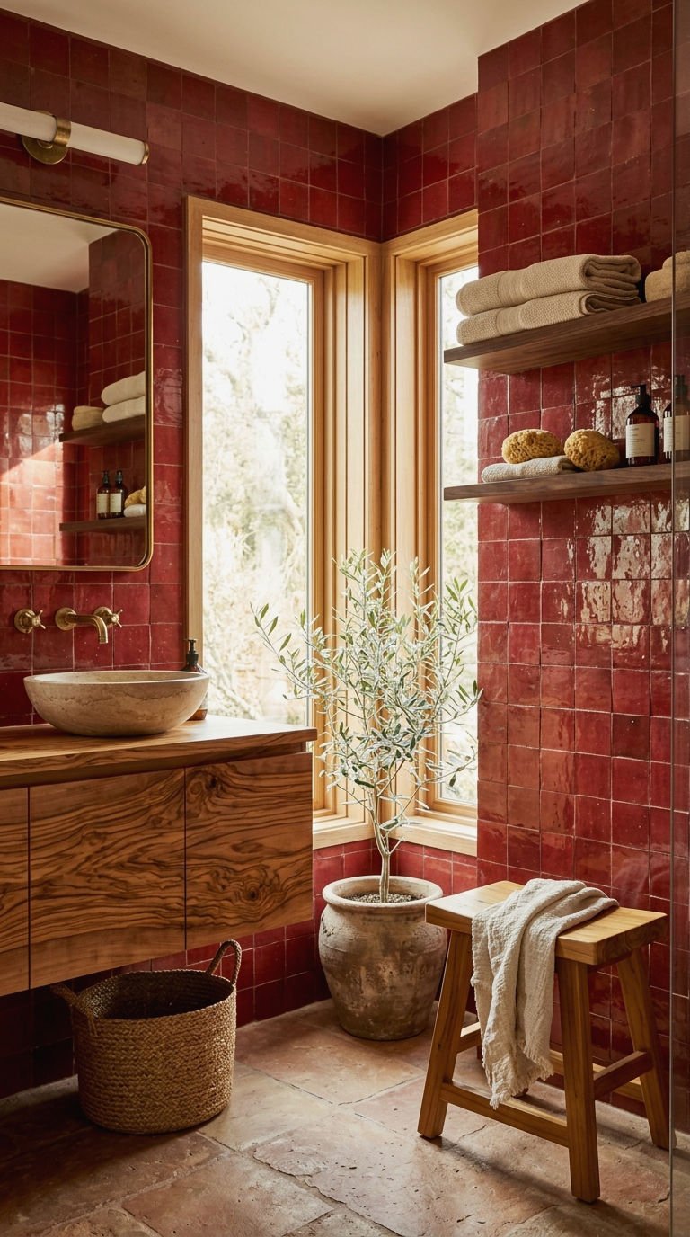 23 Red Bathroom Tile Ideas for a Bold Mediterranean Inspired Space 23 23. Red Tile Bathroom With Natural Wood