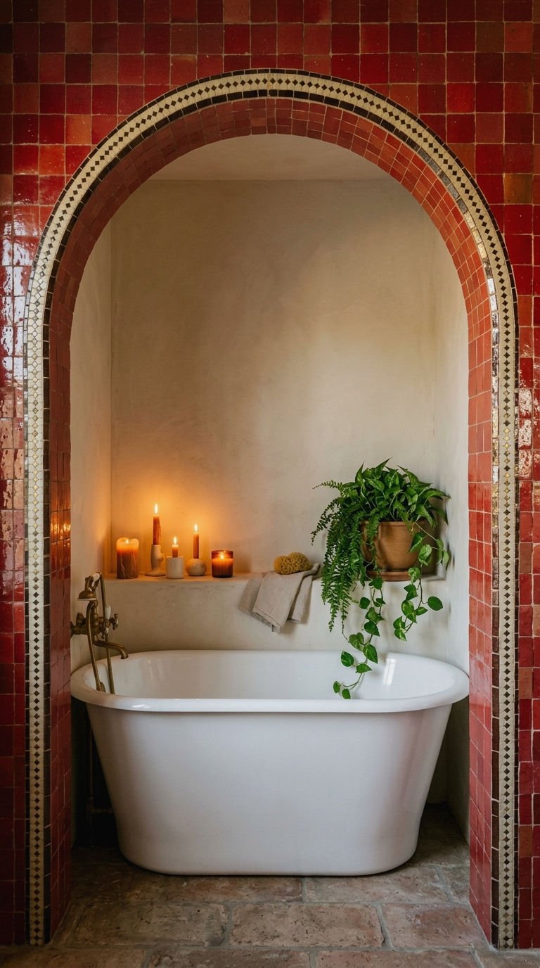 23 Red Bathroom Tile Ideas for a Bold Mediterranean Inspired Space 19 19. Red Tile Tub Surround With Arches