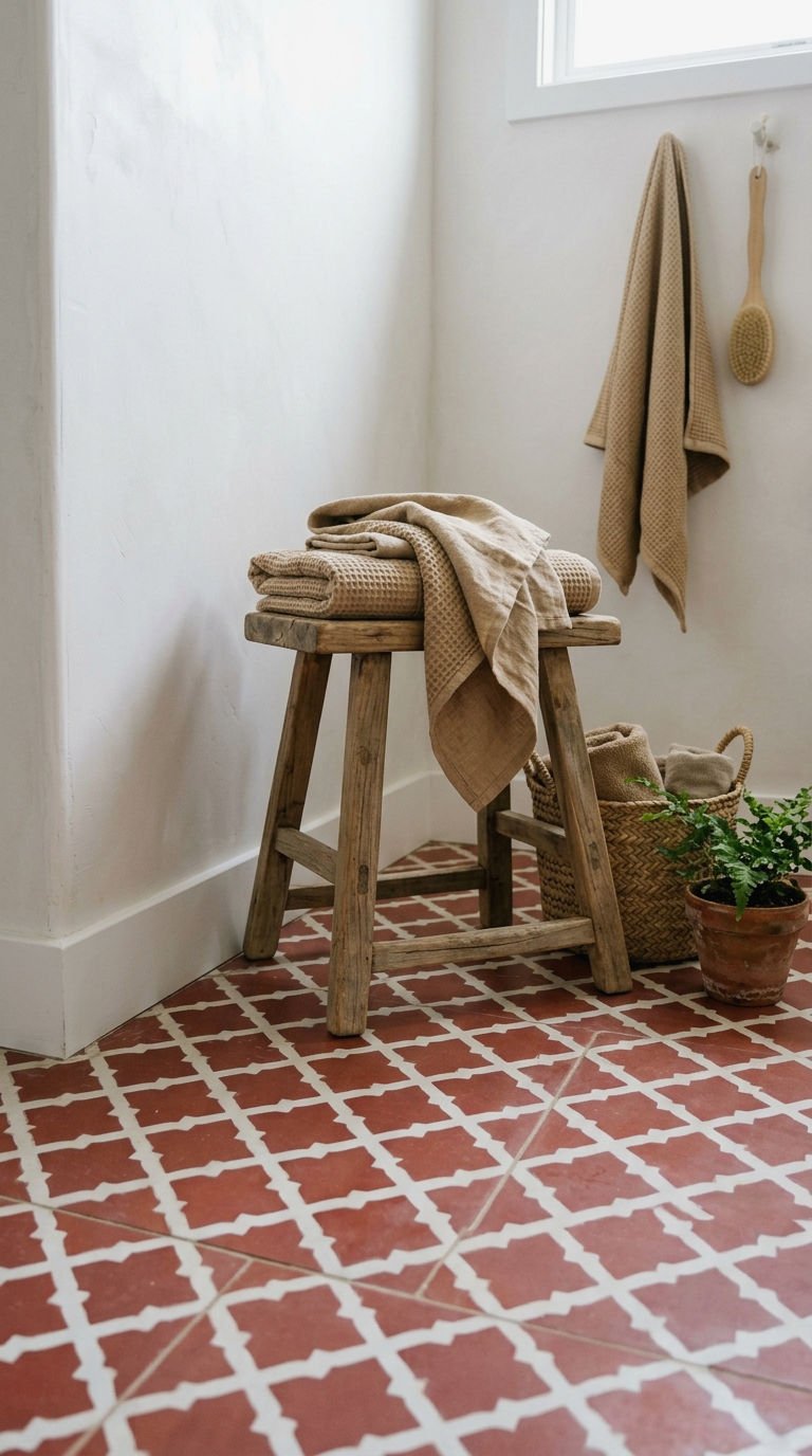 23 Red Bathroom Tile Ideas for a Bold Mediterranean Inspired Space 3 3. Red and White Moroccan Pattern Floor