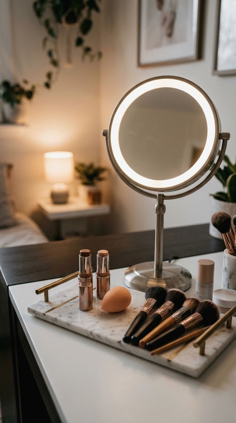 20 Makeup Mirror Lighting Ideas for Deep Skin Tones That Show True Color 5 5. Ring Light Makeup Mirror for Contouring