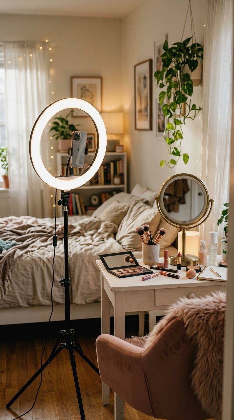 20 Makeup Mirror Lighting Ideas for Deep Skin Tones That Show True Color 18 18. Ring Light for Makeup Videos