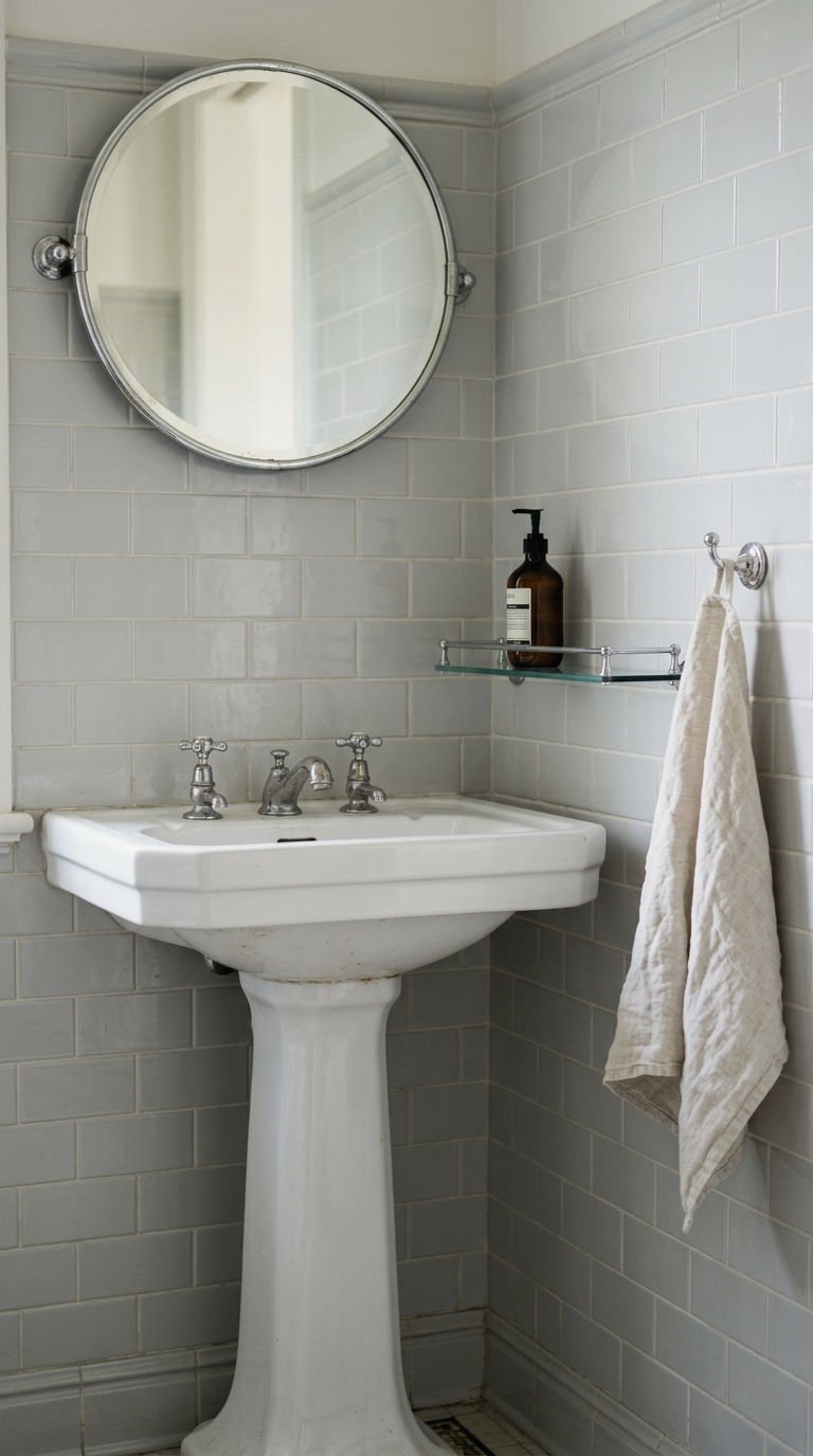 23 Round Mirror With Shelf Ideas for Small Bathrooms 20 20. Round Mirror Shelf Beside Pedestal Sink
