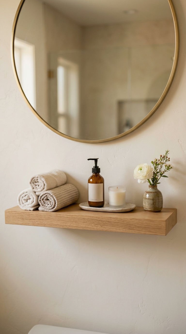 23 Round Mirror With Shelf Ideas for Small Bathrooms 22 22. Round Mirror Shelf For Guest Bath