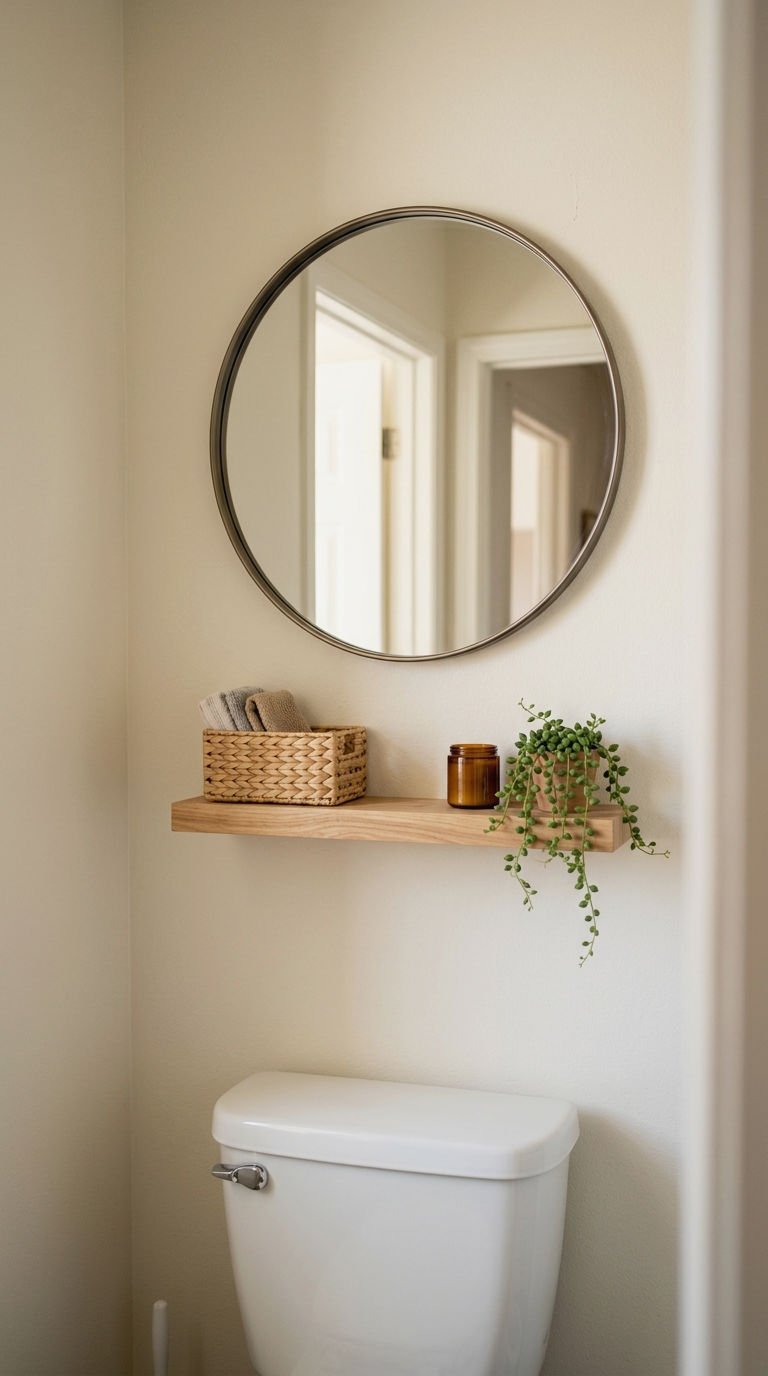 23 Round Mirror With Shelf Ideas for Small Bathrooms 19 19. Round Mirror Shelf Over Toilet