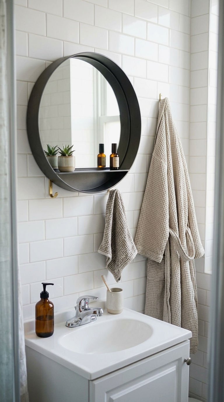 23 Round Mirror With Shelf Ideas for Small Bathrooms 14 14. Round Mirror Wall Shelf Combo
