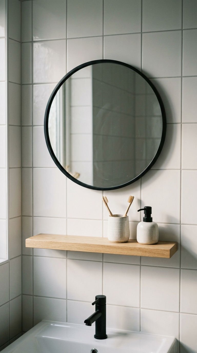 23 Round Mirror With Shelf Ideas for Small Bathrooms 1 1. Round Mirror With Floating Shelf Underneath