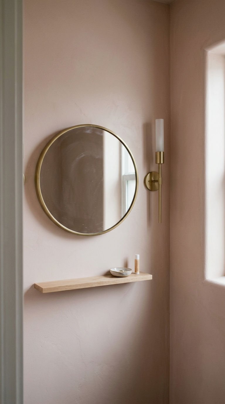 23 Round Mirror With Shelf Ideas for Small Bathrooms 7 7. Round Vanity Mirror With Small Shelf
