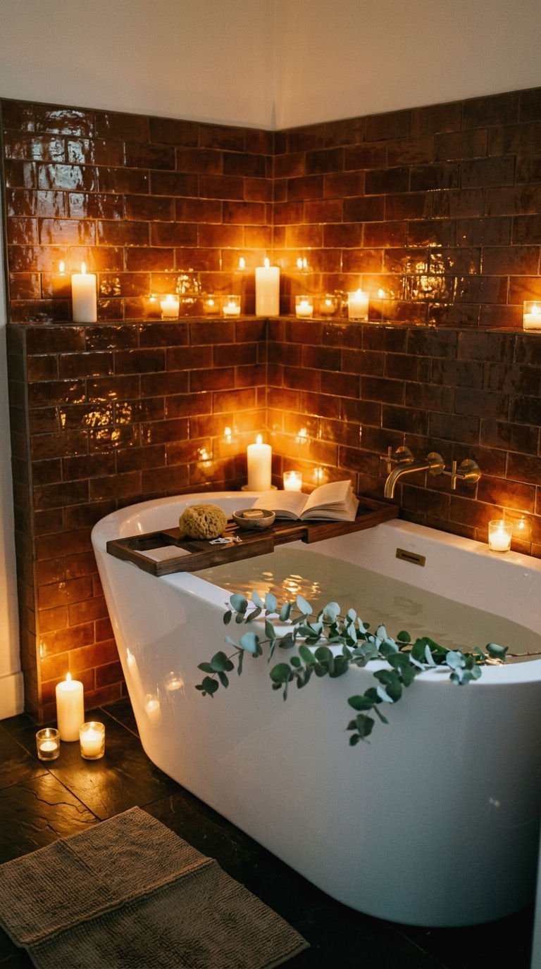 22 Brown Bathroom Tile Ideas for a Cozy Earthy Bathroom 16 16. Rust Brown Tile Tub Surround
