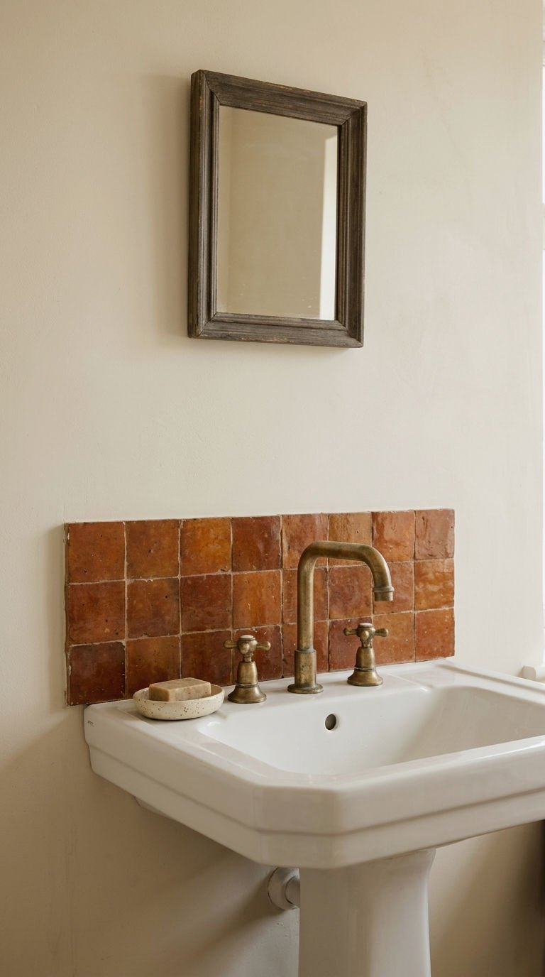 7. Rust Tile Backsplash With Brass Faucets