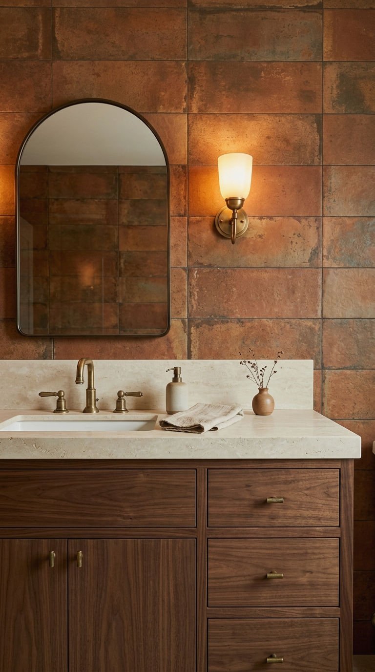 21. Rust Tile and Warm Wood Vanity